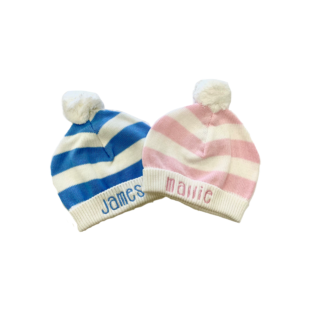 Cotton Striped Hat with Pompom - Pink, 0 - 6 mo