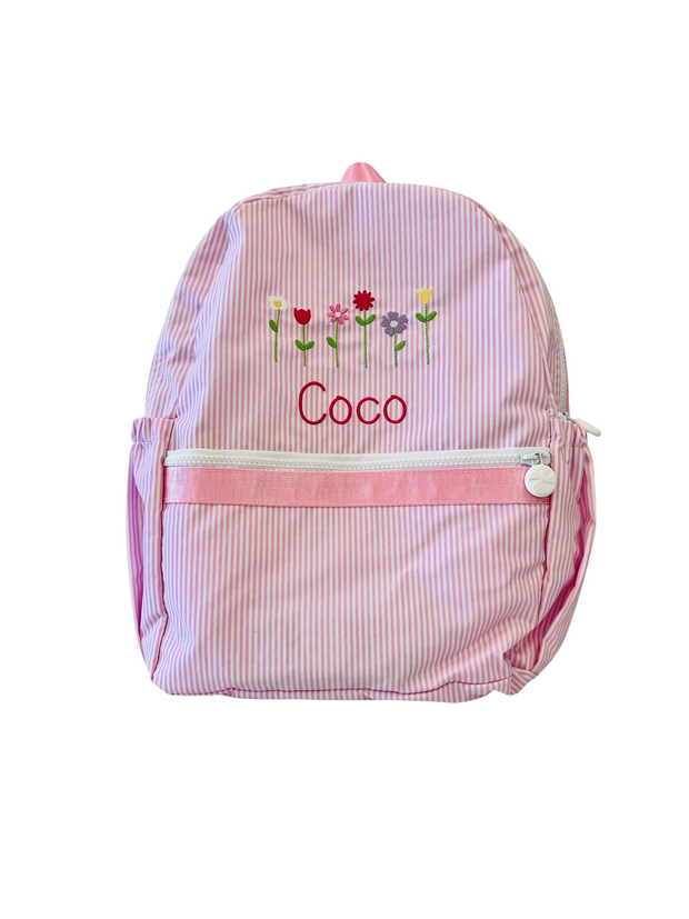 Pink Seersucker Medium Backpack with Pockets