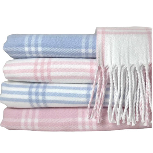 Window Pane Check Flannel with Fringe, Pink with White