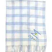 Window Pane Check Flannel with Fringe, White with Blue