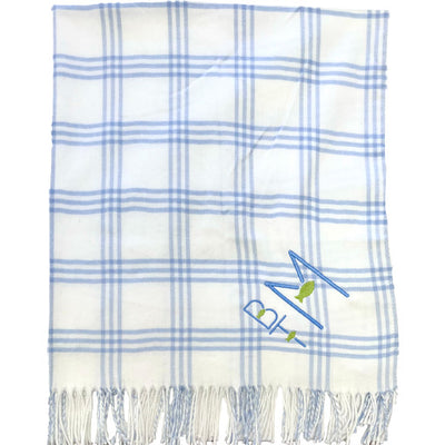 Window Pane Check Flannel with Fringe, White with Blue