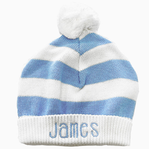 Cotton Striped Hat with Pompom - Blue, 0-6 mo