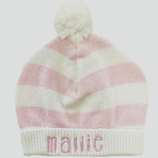 Cotton Striped Hat with Pompom - Pink, 0 - 6 mo