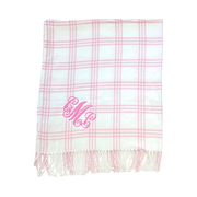 Window Pane Check Flannel with Fringe, White with Pink